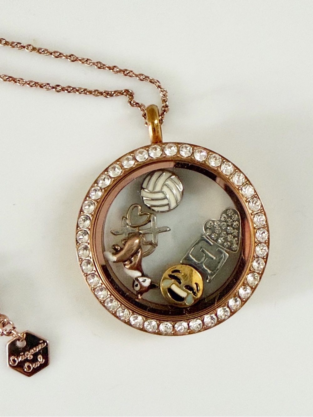 Origami Owl Rose Gold Floating Memory Locket Necklace Volleyball Fox Heart XOXO